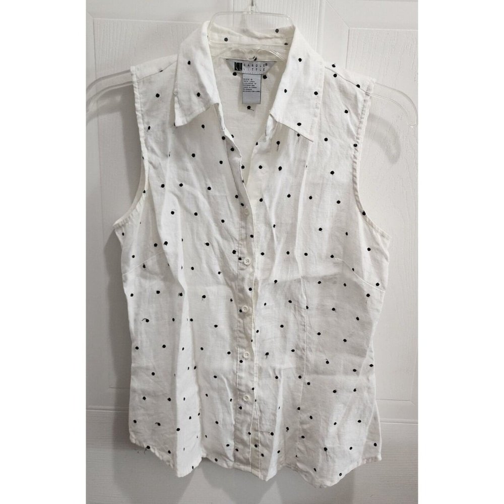 Carole Little Sleeveless Button Up Blouse Top White Black Polka Dot Linen Size S